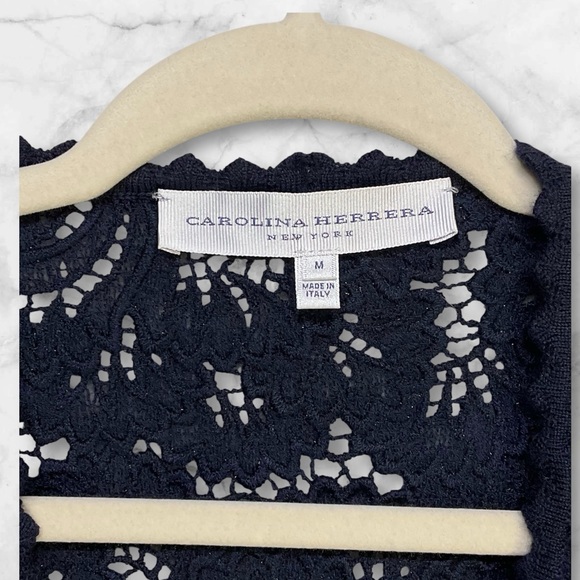 Carolina Herrera Belted Lace Cardigan Navy Blue Women's Sz M - Picture 5 of 7